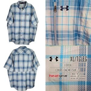Under Armour UA Shirt SS Golf Hike Heat Gear Button Up Plaid Men’s Blue Size XL